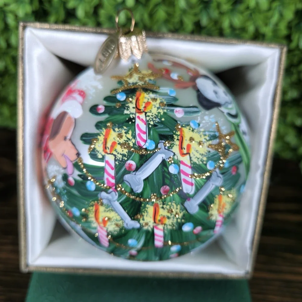 VTG Pier 1 Imports Hand Painted European Glass Dog Christmas Ornament Romania